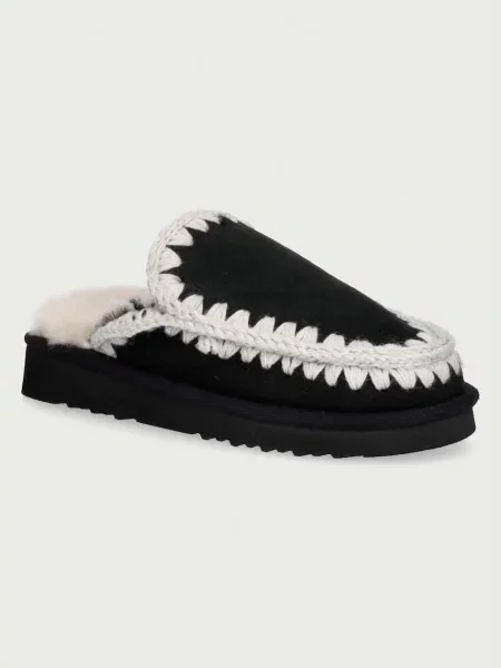 MOU De piele papuci de casă ESKIMO cu adaos de lână negru