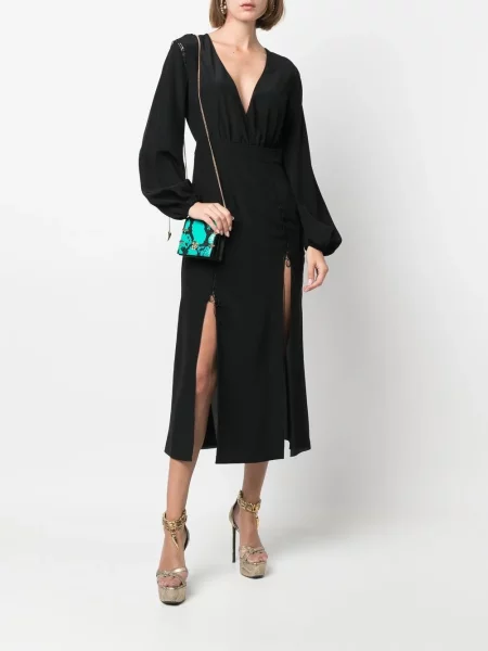 Šilkinė midi suknelė Roberto Cavalli iki kelių plyšys juoda