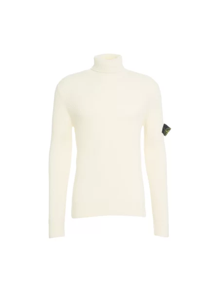 Sweter z golfem Stone Island wełniany z kamieniami do golfa biały