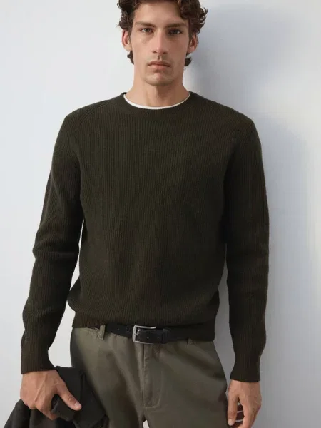 Sweter z prążkowanej dzianiny khaki Mężczyzna S MANGO MAN