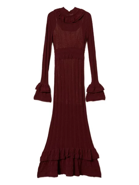 Rochie maxi Twinset tricotate cu volane de costum roșu