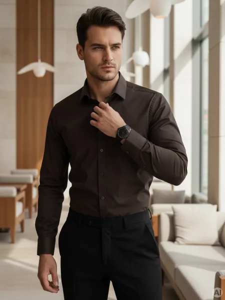 Koszula REGULAR FIT elegancka gładka ciemnobrązowa Dstreet