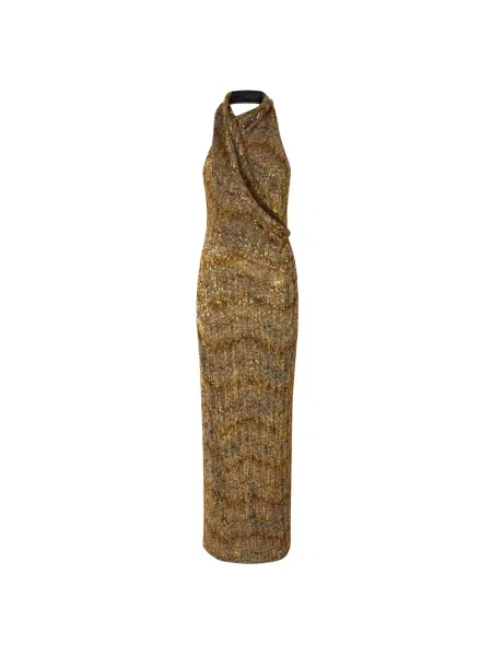 Długa sukienka maxi Missoni z cekinami z dekoltem halter żółta