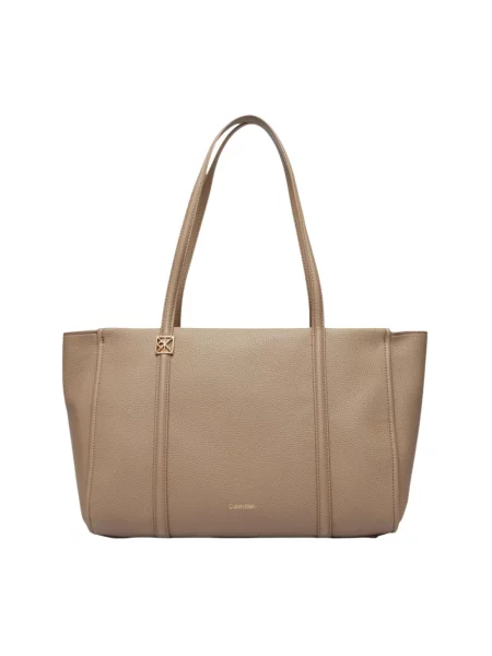 Torba shopper z Detal z logo Ck Calvin Klein beżowa