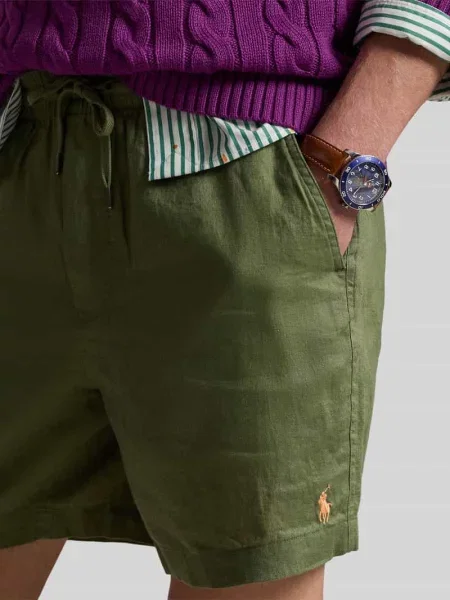 Szorty z lnu ze ściągaczem w pasie i przeszytym logo Polo Ralph Lauren zielone