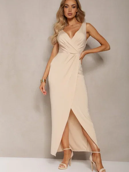 Rochie tip plic stil cocktail cu drapaj Kalkisa bej