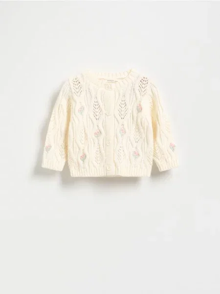 Reserved Ażurowy kardigan z haftem złamana biel