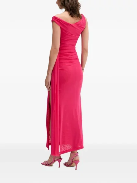 Rochie maxi Bardot cu volane roz