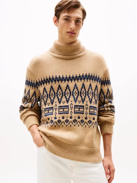 Tommy Hilfiger wełniany sweter Mężczyźni beżowy|niebieski wzorzysty S beżowy