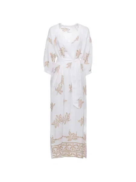 Cu centură rochie 120% Lino cu model floral alb