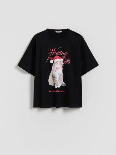 Reserved Świąteczny t-shirt z nadrukiem czarny