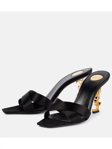 Papuci tip mules Saint Laurent din satin negru