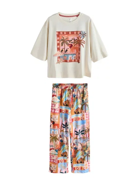 Next Pijama albastru / portocaliu / roz alb