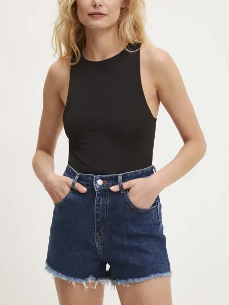 Дънков къс панталон Answear Lab с изчистен дизайн с висока талия тъмносиньо