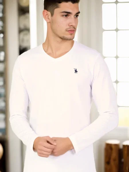 V-nyakú hosszú ujjú póló Dewberry fehér