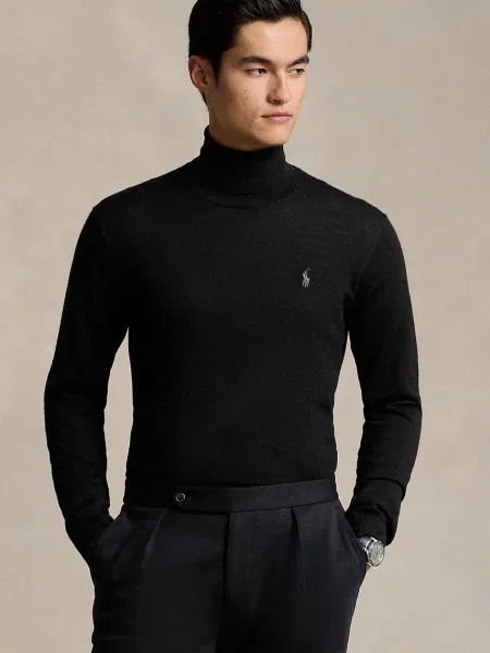 Вълнен пуловер Polo Ralph Lauren мъжки с поло черно