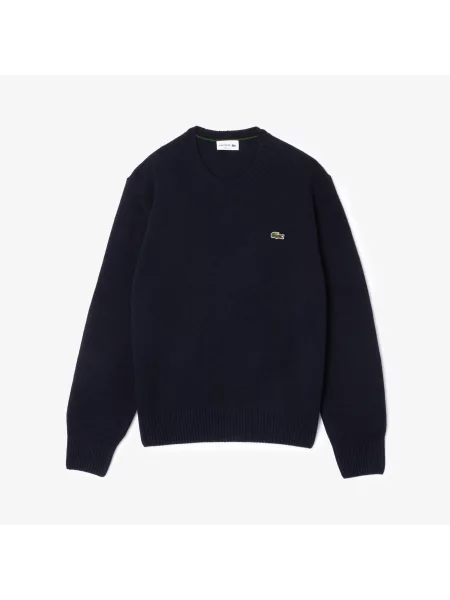 Lacoste Sweter Z Okrągłym Dekoltem Z Karbowanej Wełny granatowy