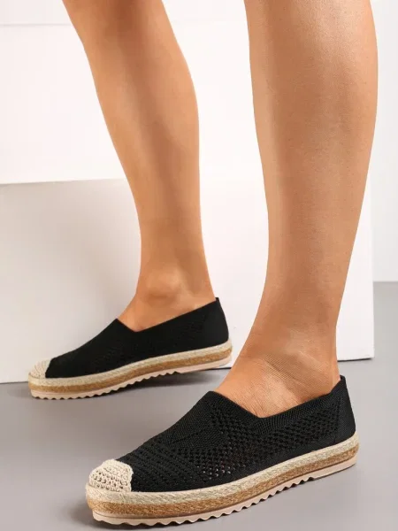Espadrile Ajour cu Talpă Împletită și Vârf Decorativ Uraian negre