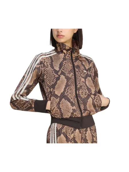 Satynowa kurtka Adidas Originals z nadrukiem w wężowy wzór brązowa