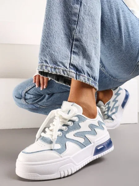 Sneakers Alb-Bleu cu Șireturi Late Decorate cu Imprimeuri și Inserție la Talpă Ulares alb