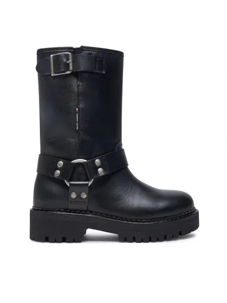 Кожени боти Tommy Jeans TJW URBAN BIKER BOOT LEATHER с платформа черно
