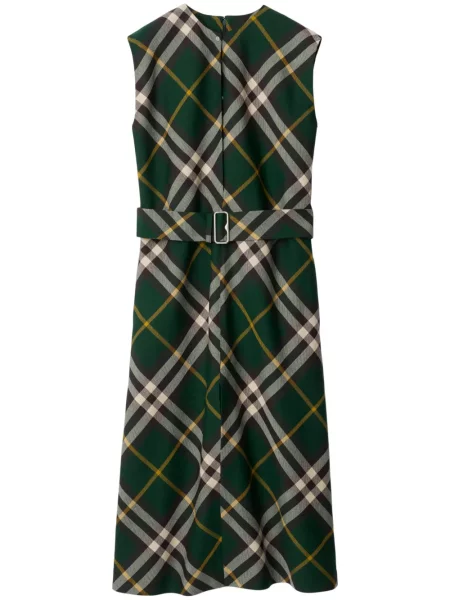 Rochie midi Burberry de lână în carouri până la genunchi verde