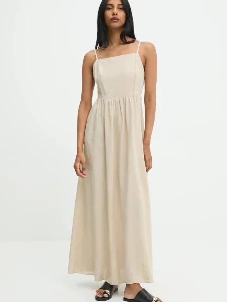 Lanena haljina Answear.LAB maxi širi se prema dolje bež