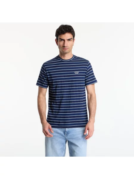 Tričko GUESS Cn Ss Indigo Stripes Embro Tee Dark Indigo White St L bílé