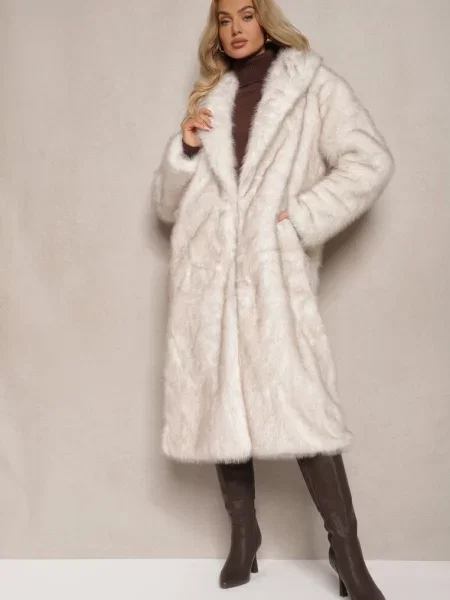 Elegancki Płaszcz z Miękkiego Futra z Wsuwanymi Inatrella biały