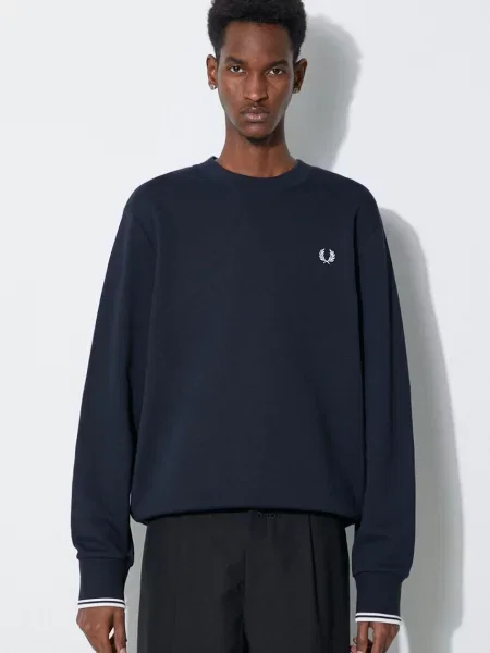 Dukserica Fred Perry Crew Neck Sweatshirt za muškarce tamno s aplikacijom plava