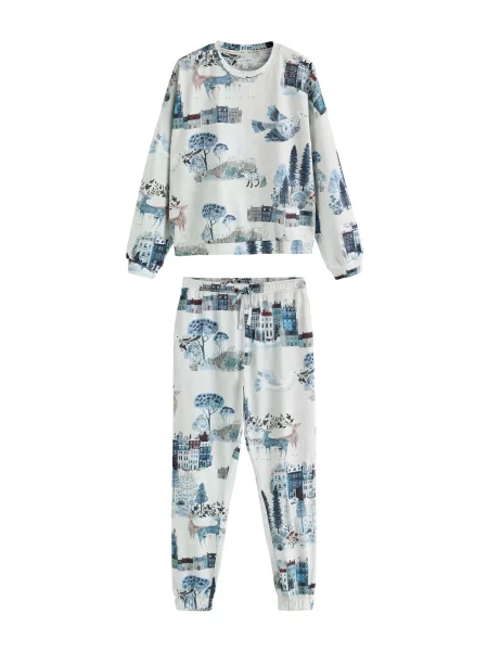 Next Pijama crem / bleumarin / deschis / brocart albastru