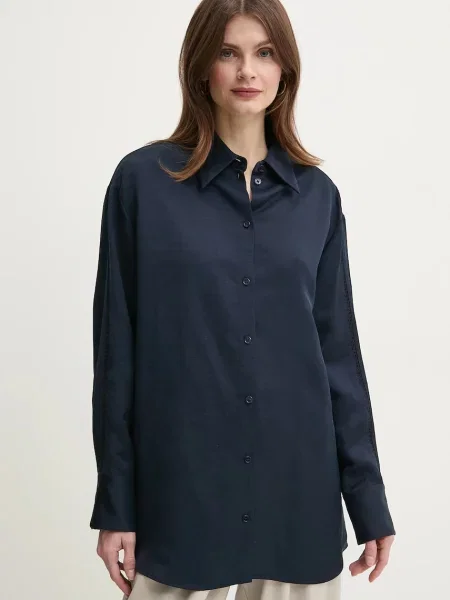 BOSS camasa din amestec de in femei marin cu guler clasic relaxed albastru