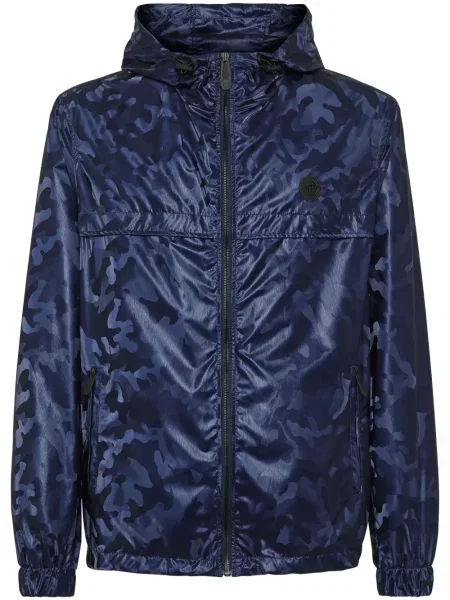 Geacă de vânt Philipp Plein cu glugă cu imagine cu model camuflaj albastru