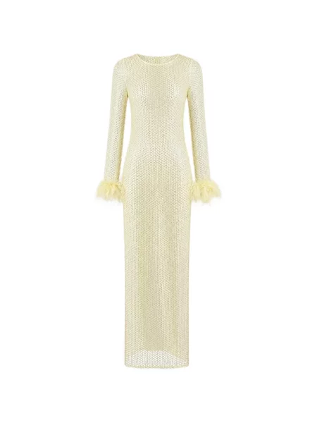 Rochie maxi Ow Collection cu pene plasă galben