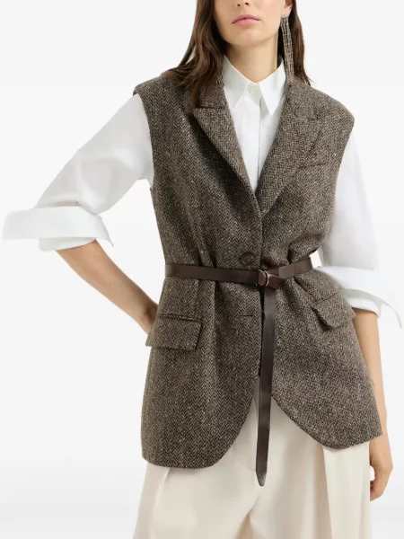 Cu centură vestă Brunello Cucinelli din piele maro