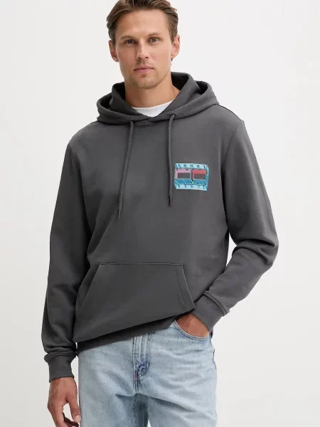 Суичър с качулка Tommy Jeans с качулка с принт сиво