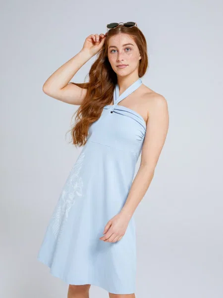 Mae organiczna sukienka zapinana wokół szyi Blue niebieska
