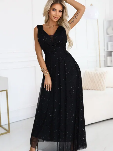 Długa sukienka wieczorowa Numoco Basic z głębokim dekoltem garniturowa czarna