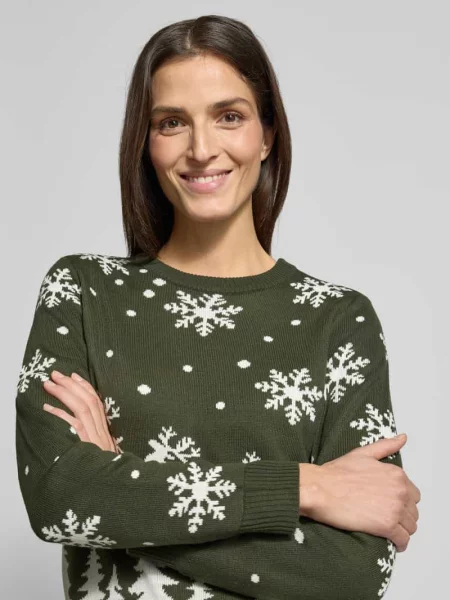Sweter z dzianiny z okrągłym dekoltem model ‘SNOWI’ Vila khaki