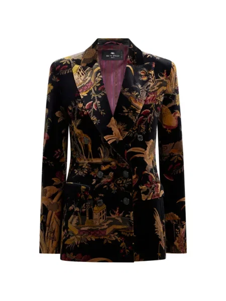 Geacă Etro de catifea cu model floral cu două rânduri de nasturi negru