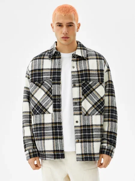 Bershka Cămașă ecru nisipiu negru