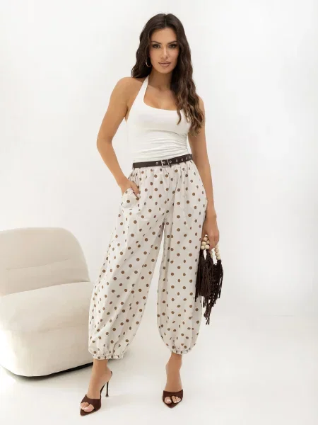 Pantaloni Italy Moda cu buline bej