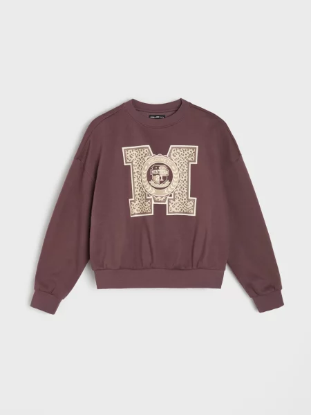 Sinsay mikina crewneck s potiskem tmavě hnědá