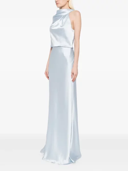 Rochie Amsale din satin drapată de costum albastru