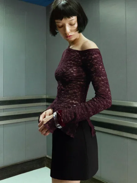 Bershka Koszulka Z Długim Rękawem I Koronką Blonda Kobieta Xs bordowy