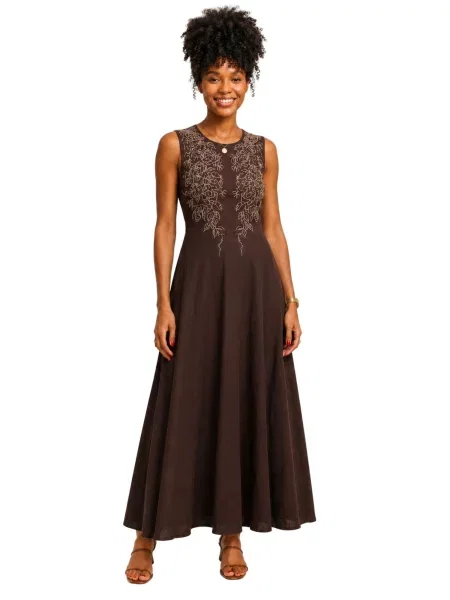 Fulgor Obleka Vestido Longo com Bordado Elegante' rjava