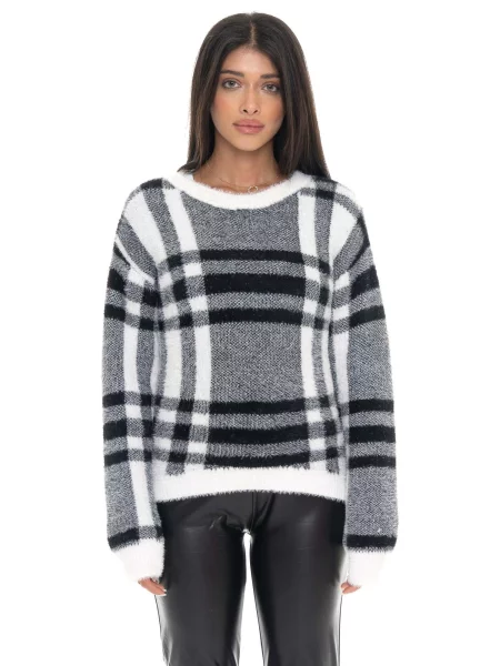 Leone Glam Winter sweter w kratkę z okrągłym dekoltem i metką z logo czarny