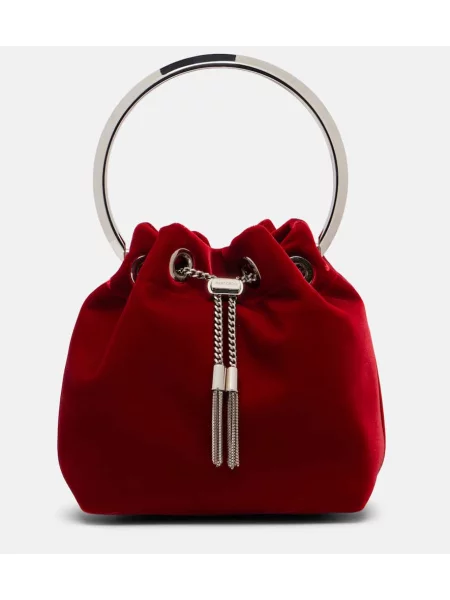 Geantă bucket Jimmy Choo de catifea roșu