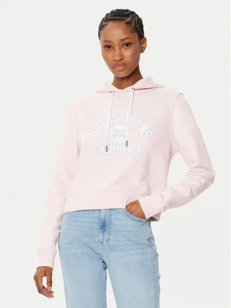 Guess Jeans bluza różowy z kapturem z nadrukiem beżowe