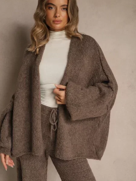 Jasnobrązowy Niezapinany Kardigan Nietoperzowy z Dodatkiem Wełny i Rallidia brązowy